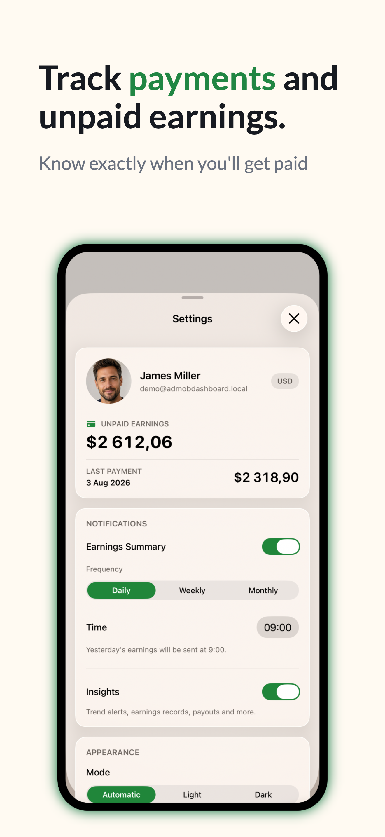 Track payments and unpaid earnings in the Earnings app